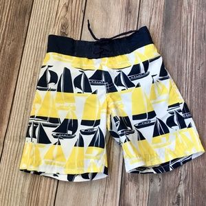 Janie and Jack Boys Swim Shorts in Navy, Yellow and White Sailboats